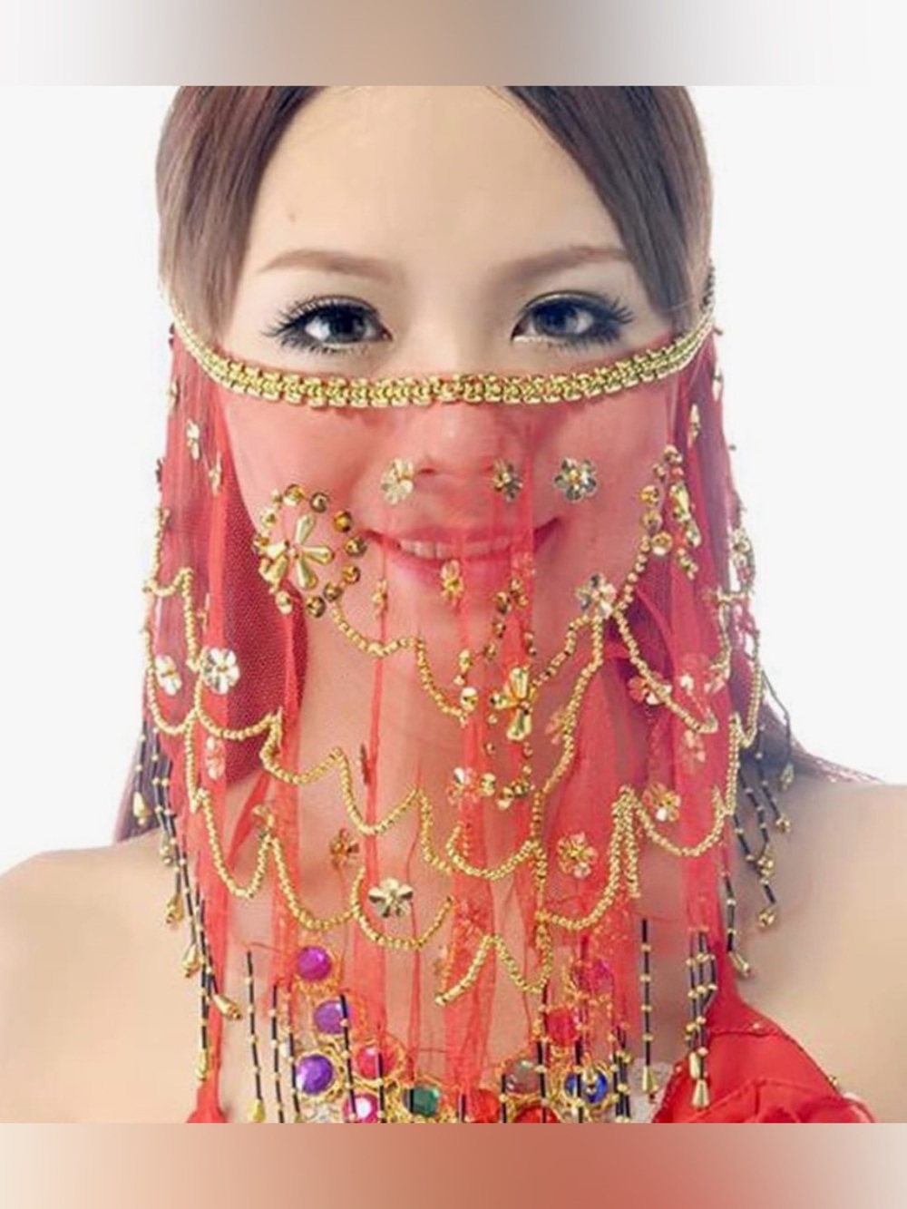 Wuchieal Red Gold Beaded Belly Dance Face Veil